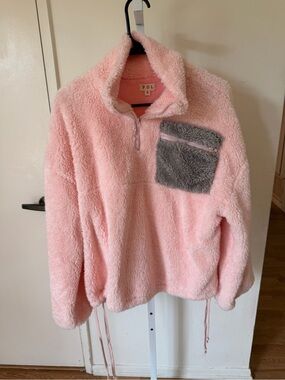 POL Pink Sherpa Half-Zip Pullover with Gray Chest Pocket